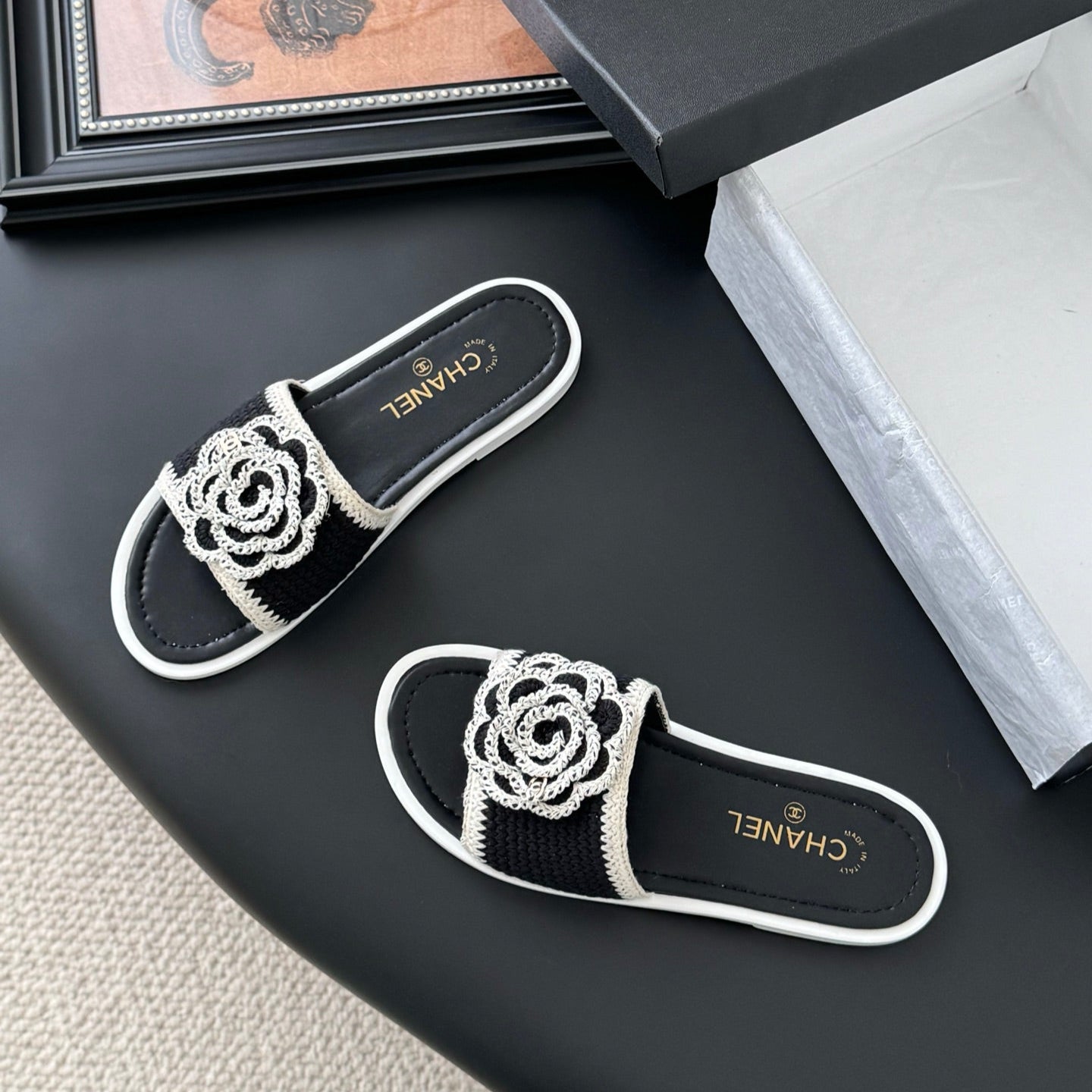 zCHANE.L 25 Flower Slippers Black Knitted 305305