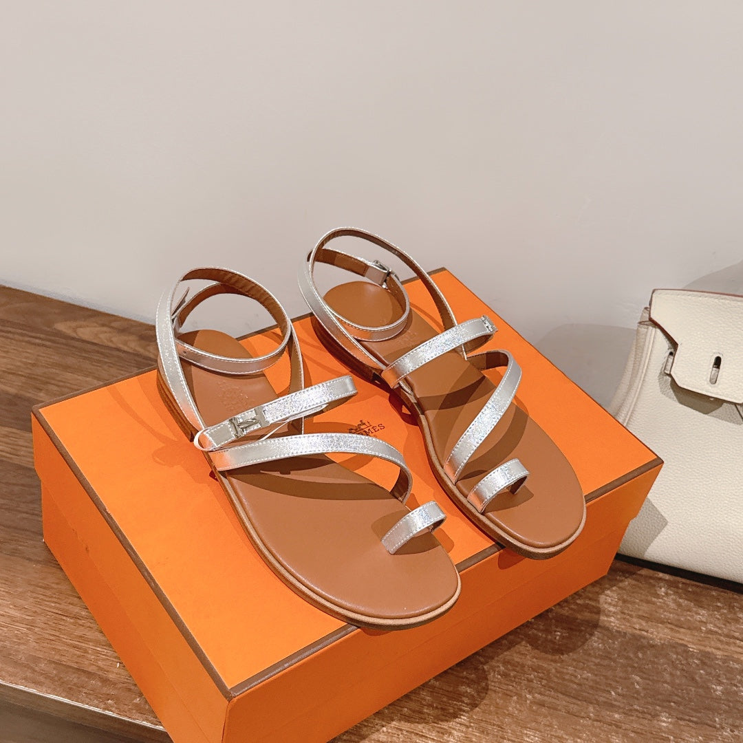 zHERME.S Harmonie Sandal Light Brown With Silver Metallic Swift Calfskin 256883