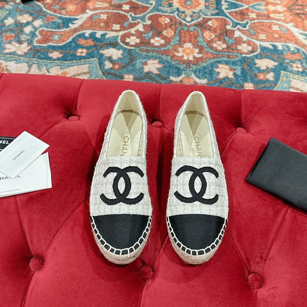 zCHANE.L CEspadrilles White Grey Tweed Black Grosgrain