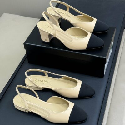 CC Classic Slingback Beige Goatskin Black Grosgrain 282281