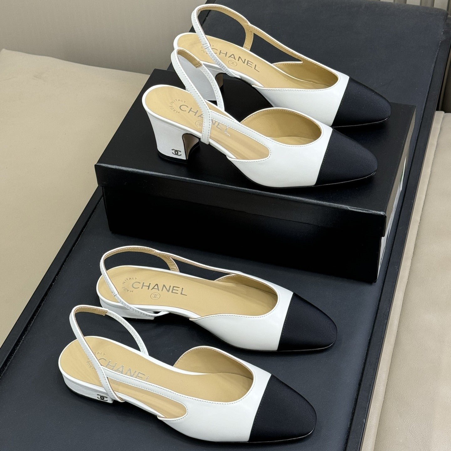 zCHANE.L Cc Classic Slingback White Goatskin Black Grosgrain 282282