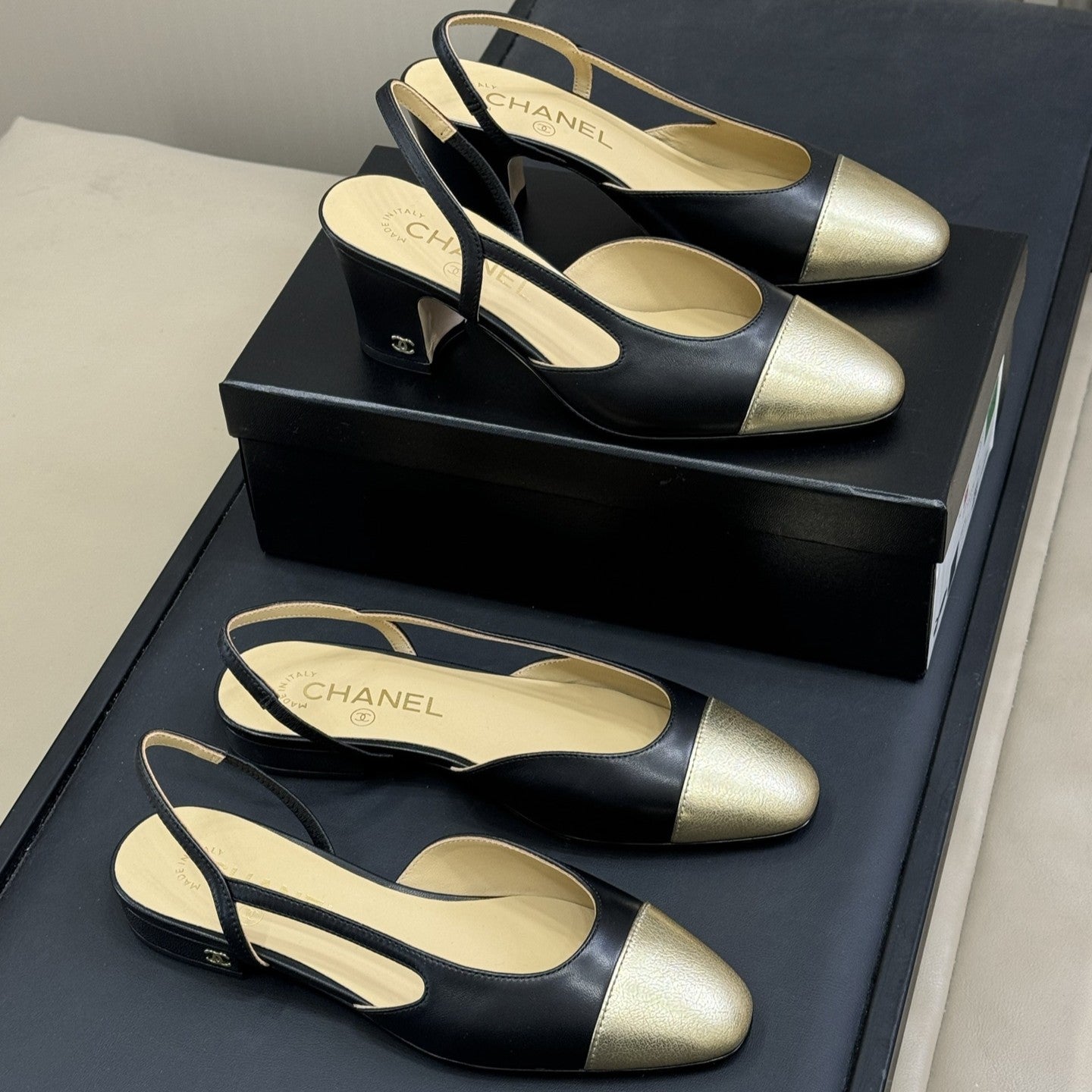 zCHANE.L Cc Classic Slingback Black Mix Gold Metallic Goatskin 282283