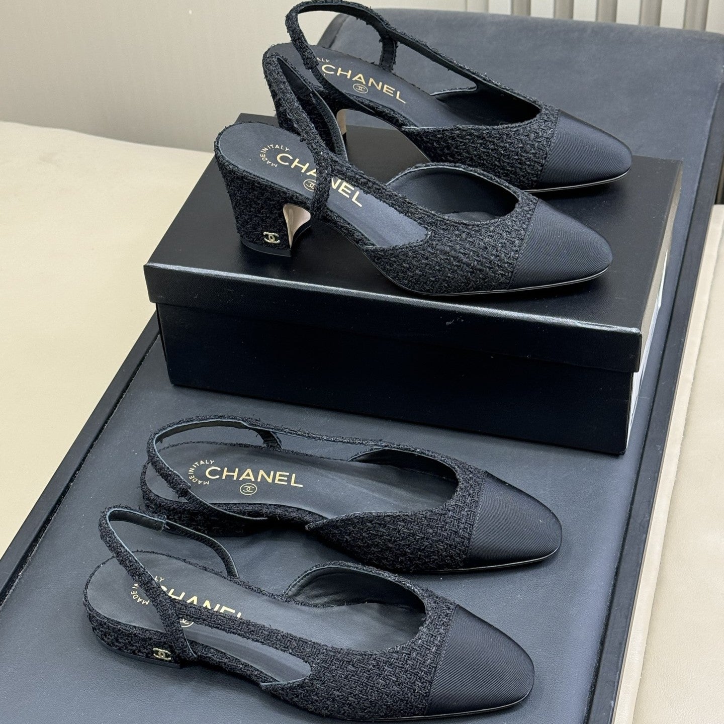 zCHANE.L Cc Classic Slingback Black Fabric Black Grosgrain 282284