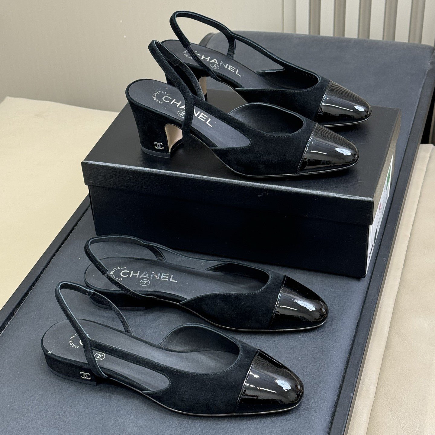 zCHANE.L Cc Classic Slingback Black Suede Mix Black Patent Calfskin 282285