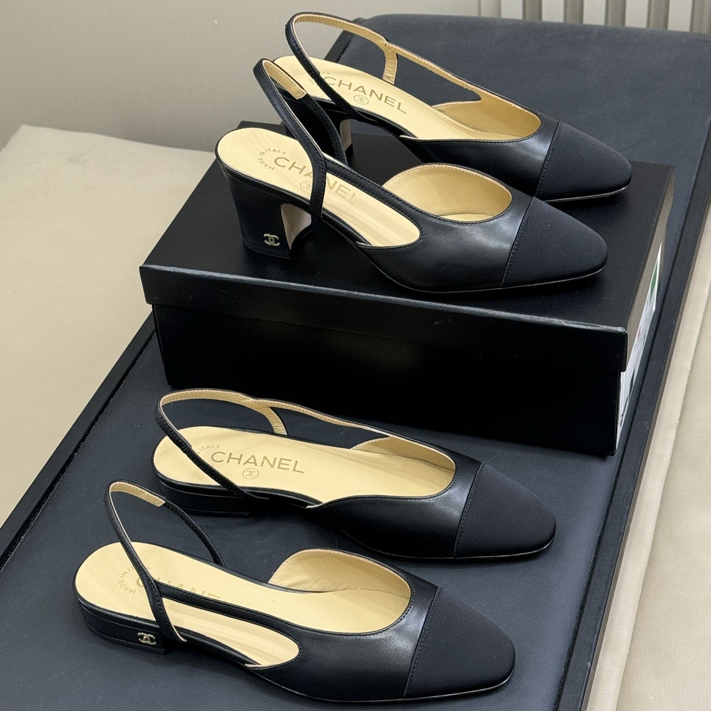 zCHANE.L Cc Classic Slingback Black Beige Goatskin Black Grosgrain 282286