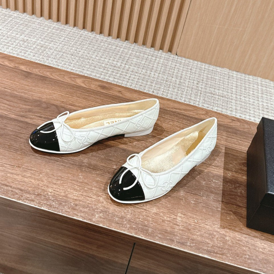 zCHANE.L Ballet Flat Cream Quilted Lambskin Black Patent Calfskin