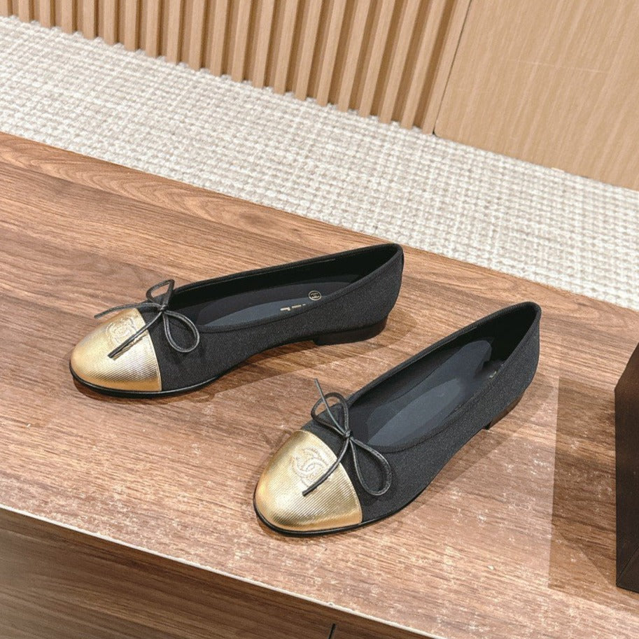 zCHANE.L Ballet Flat Black Grosgrain Gold Metalic Lambskin