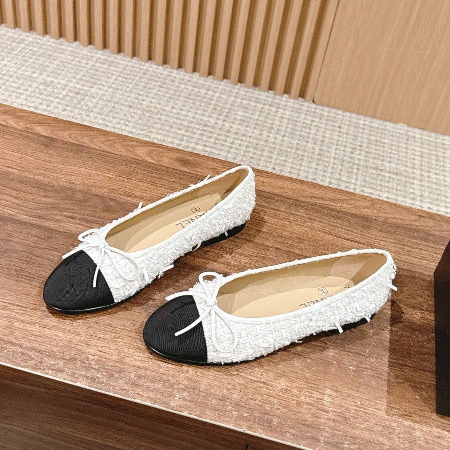zCHANE.L Ballet Flat White Tweed Black Grosgrain