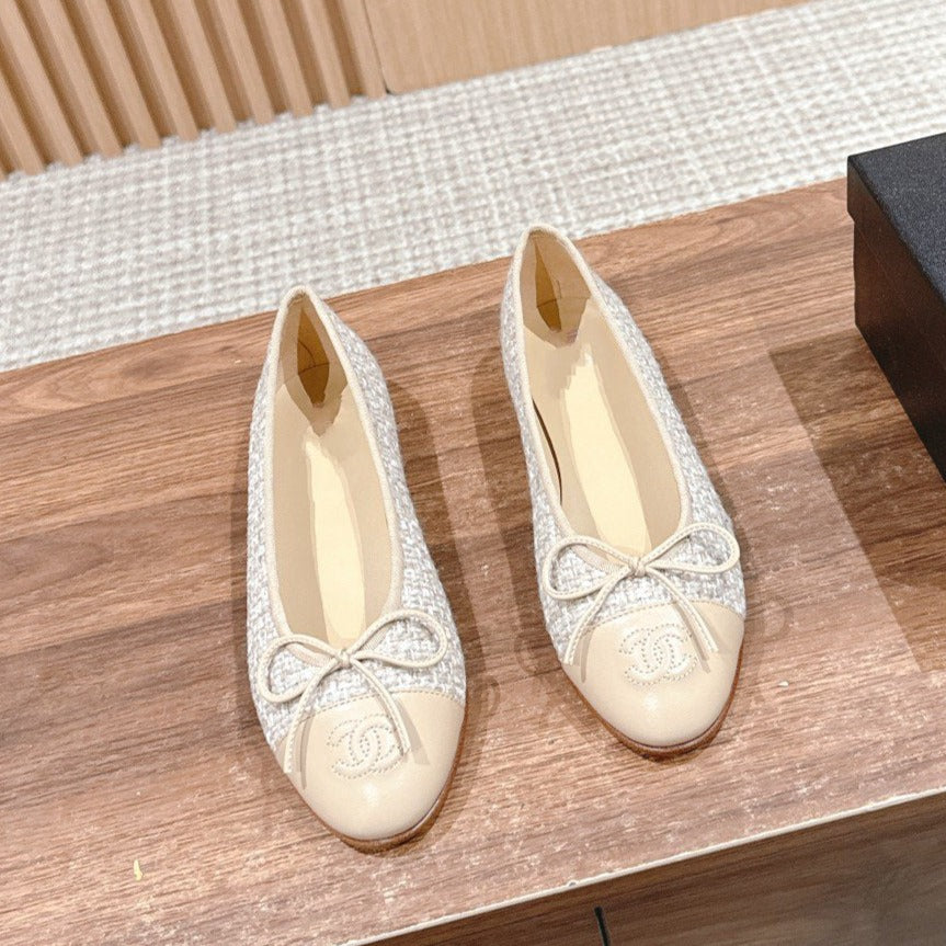zCHANE.L Ballet Flat White Grey Tweed Beige Lambskin