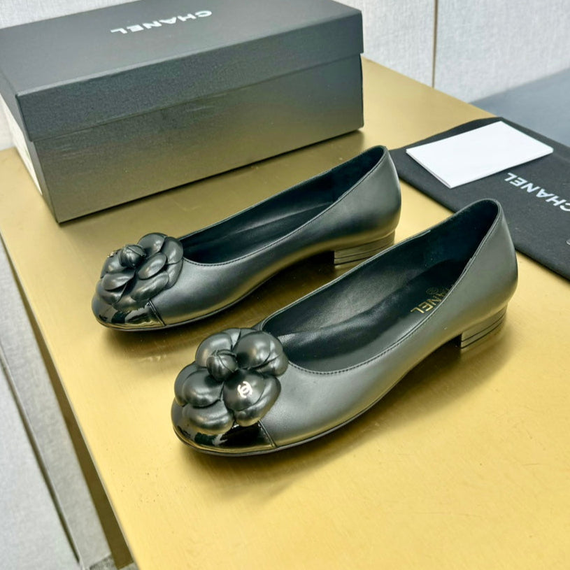 zCHANE.L 25P Ballet Flat Flower Black Calfskin Patent Calfskin