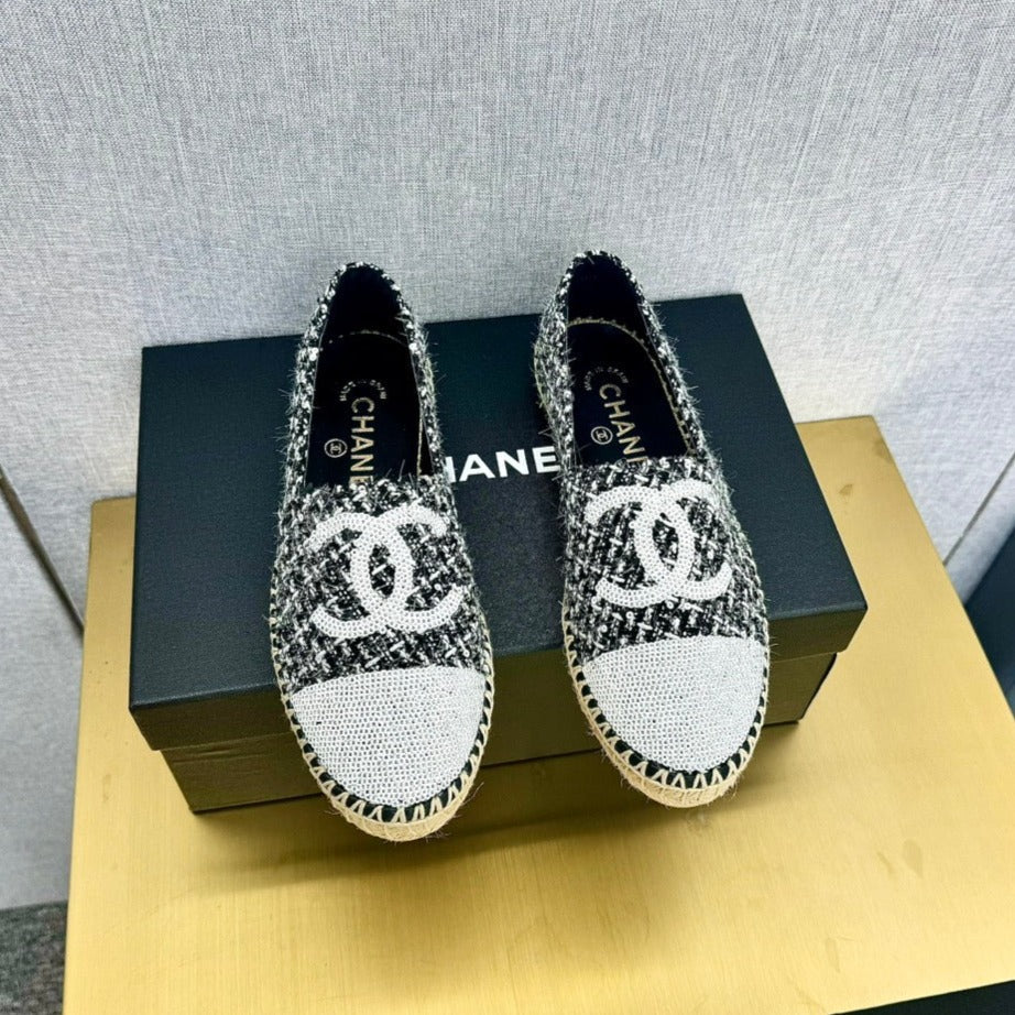 zCHANE.L Espadrilles White Black Tweed White Sequin