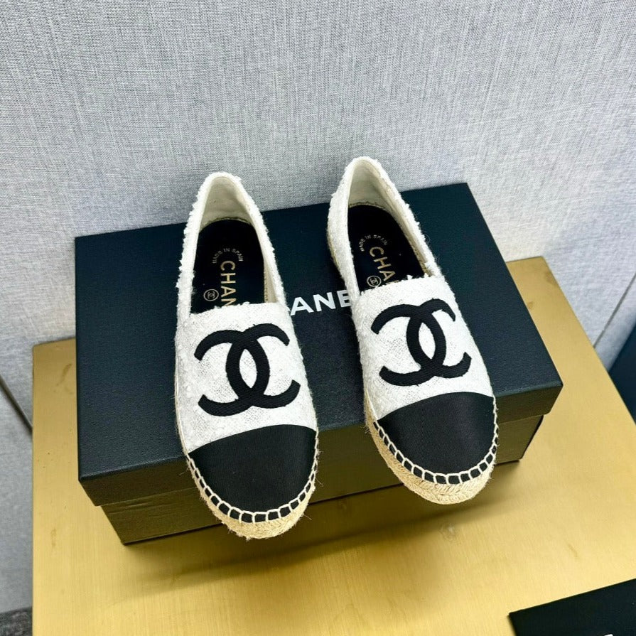 zCHANE.L Espadrilles White Tweed Cotton Black Grosgrain