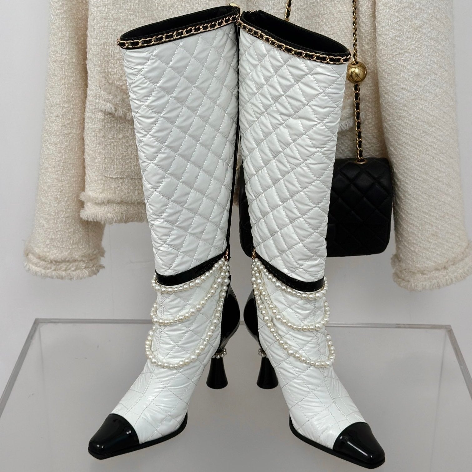 zCHANE.L Cc High Boots 80Mm White Wrinkled Quilted Calfskin