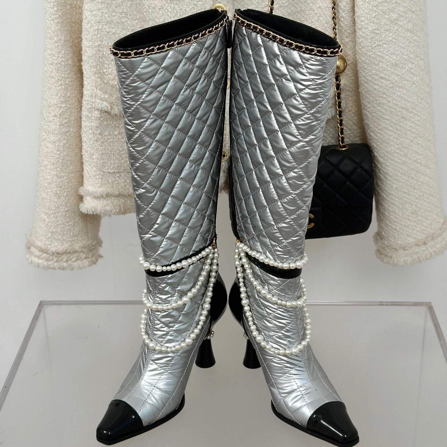 zCHANE.L Cc High Boots 80Mm Silver Wrinkled Quilted Calfskin