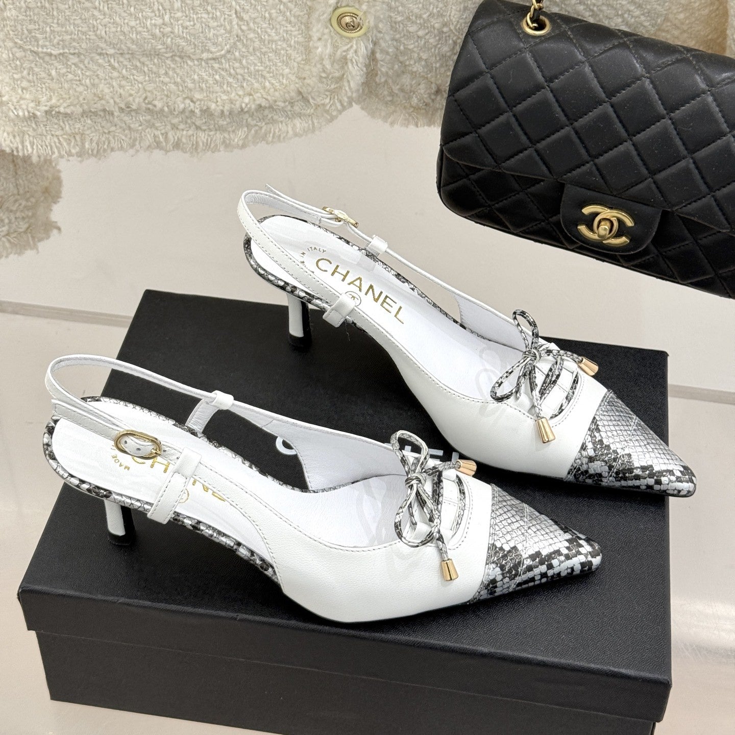 zCHANE.L Cc 25C Bowknot Slingback Sandal 60Mm White Sheepskin Mix Python Pattern 265652