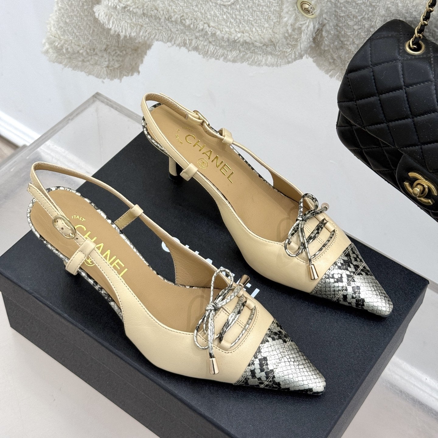 zCHANE.L Cc 25C Bowknot Slingback Sandal 60Mm Beige Sheepskin Mix Python Pattern 265653