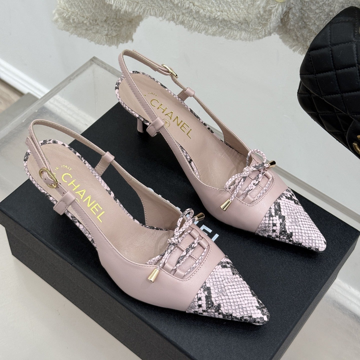 zCHANE.L Cc 25C Bowknot Slingback Sandal 60Mm Light Pink Sheepskin Mix Python Pattern 265654