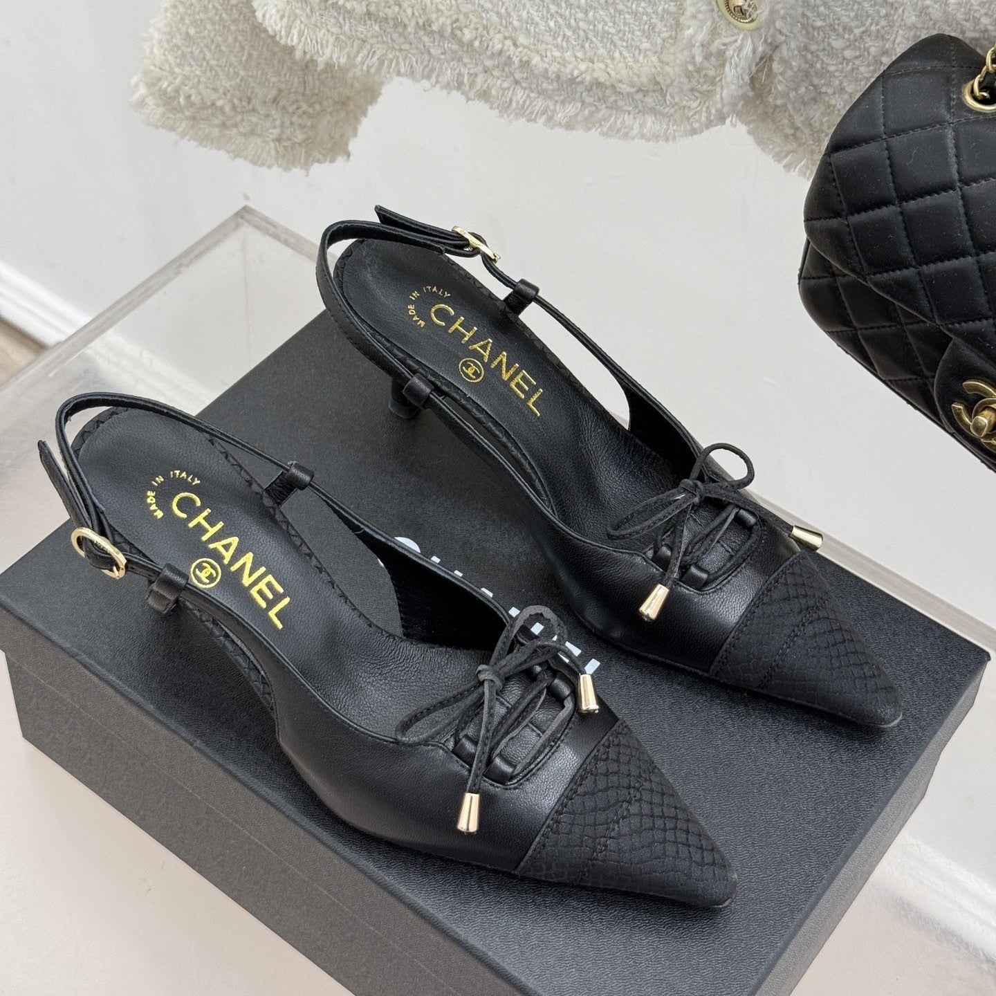zCHANE.L Cc 25C Bowknot Slingback Sandal 60Mm Black Sheepskin Black Grosgrain 265655