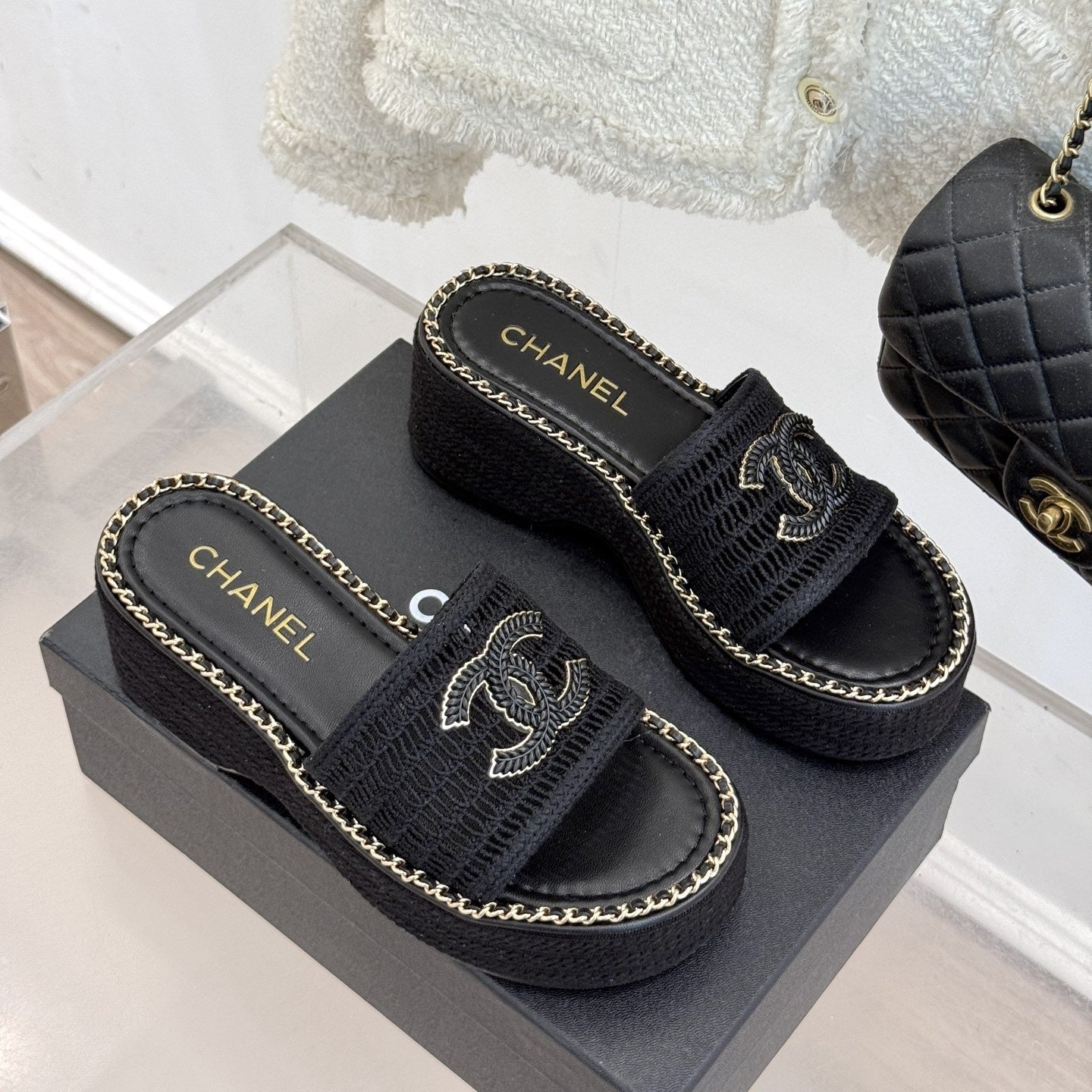 zCHANE.L Mesh Hollow Chain Double C Thick-Soled Slippers 70mm Black 265651