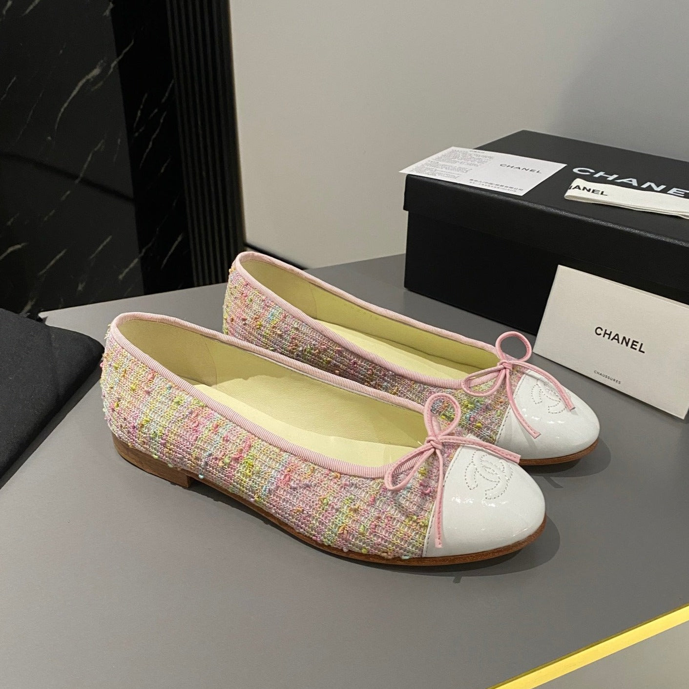 zCHANE.L Ballet Flat Pink Yellow Green Tweed White Calfskin