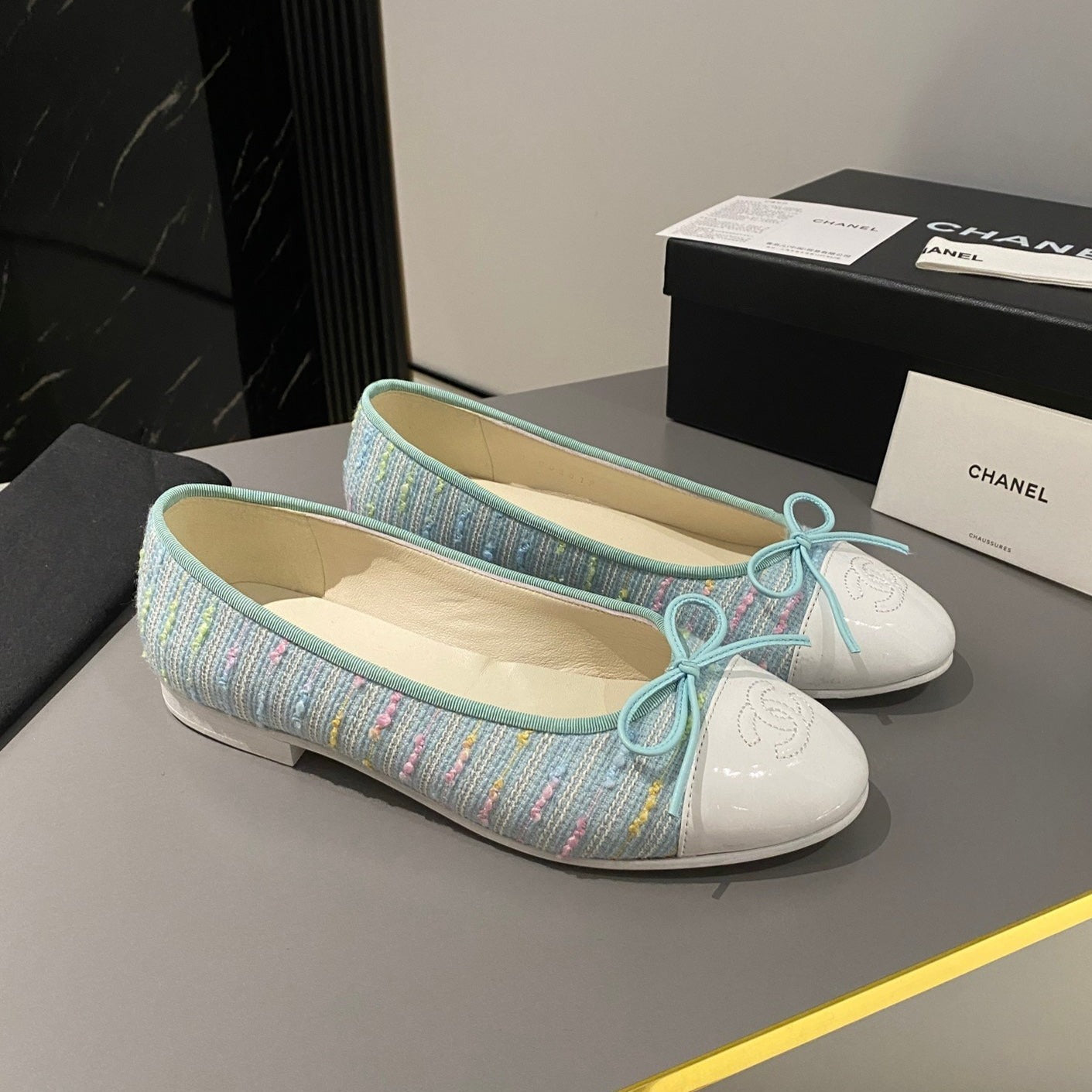 zCHANE.L Ballet Flat Cloud Blue Embroidered Fabric White Calfskin