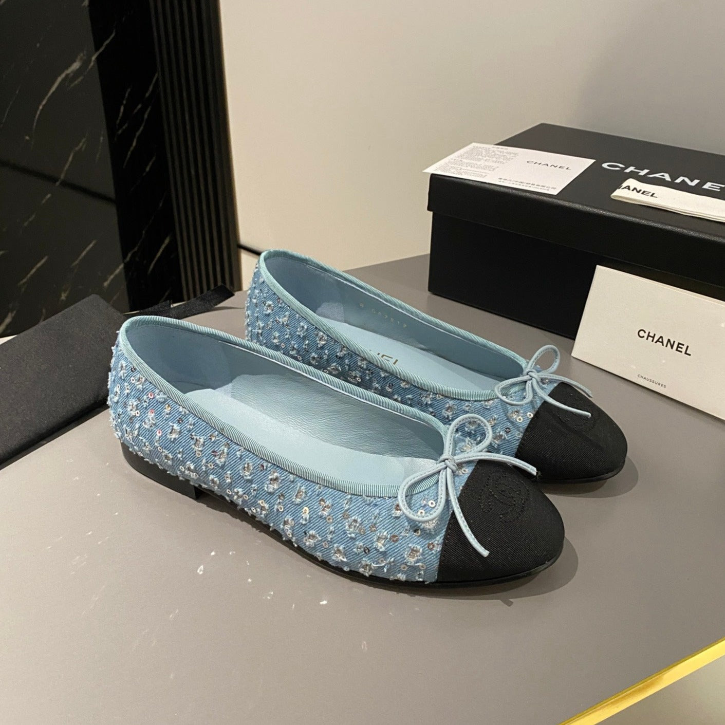 zCHANE.L Ballet Flat Cloud Blue Glitter Sequins Canvas Black Grosgrain