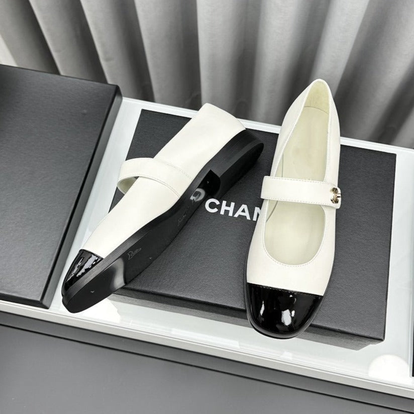 zCHANE.L Mary Janes White Black Calfskin Patent Calfskin