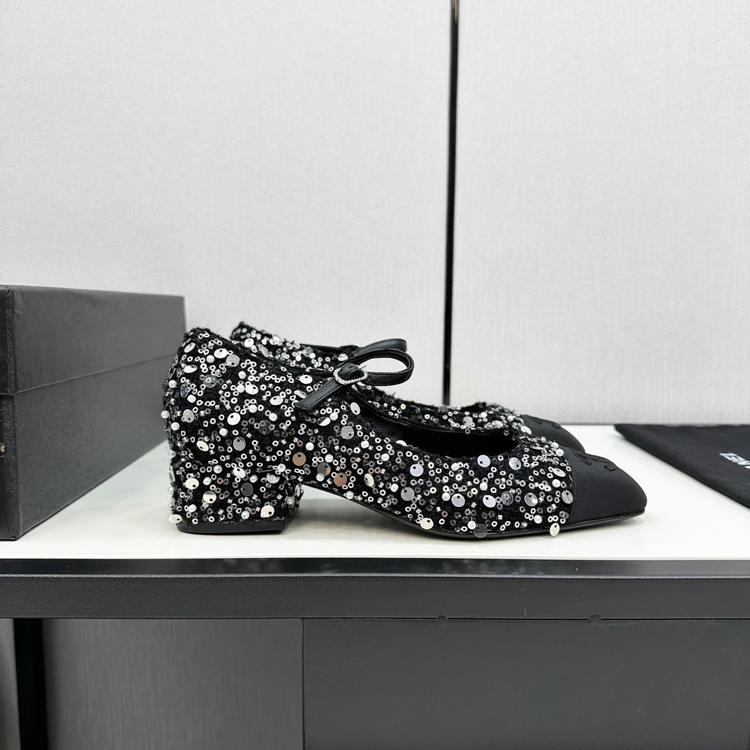 zCHANE.L Mary Jane In Black Sequins And Velvet