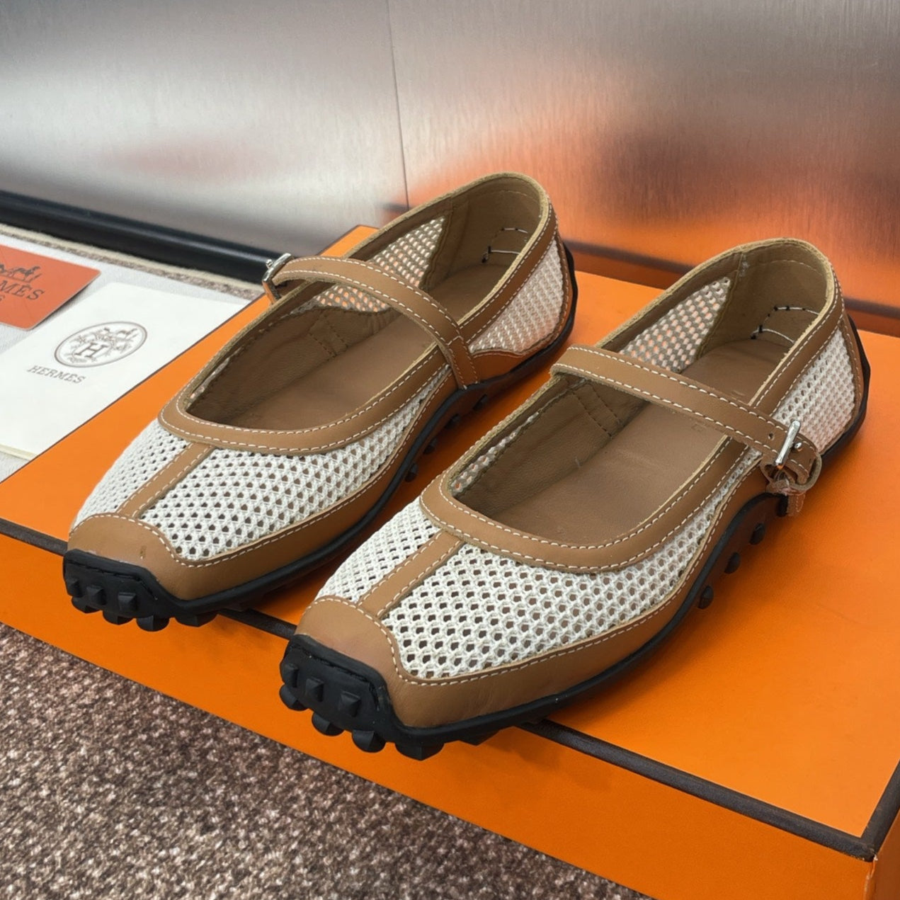 zHERME.S 25C Kichu Ballet Flat Brown Mix White Fabric With Calfskin 208280