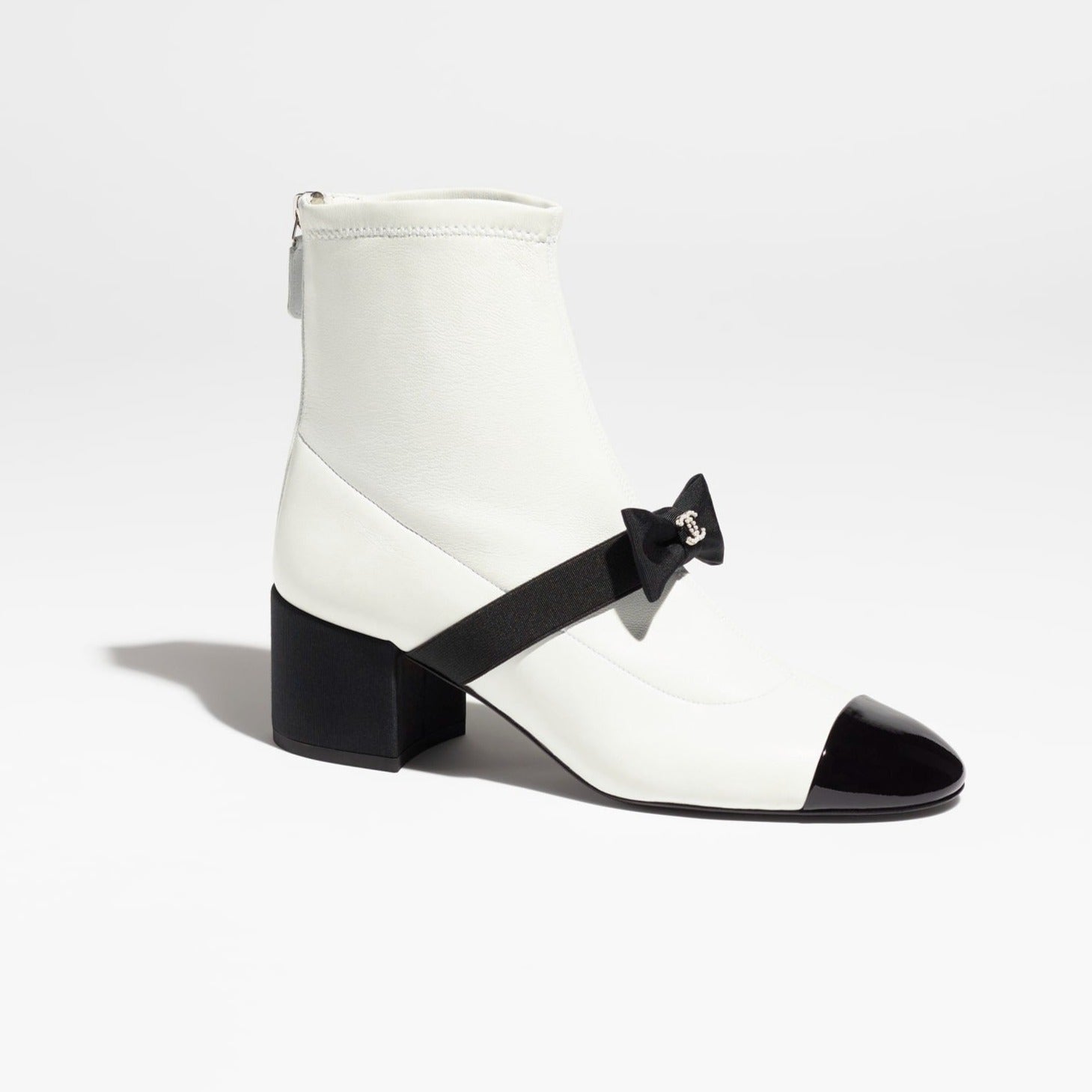 zCHANE.L Short Boots White Black Stretch Lambskin & Patent Calfskin